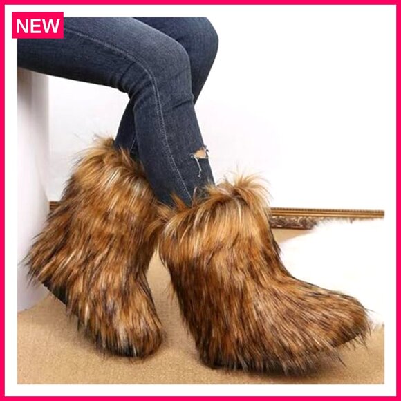 Faux Fur Winter Boots Mid-Calf Plush Warm Flat Shoes Indoor Outdoor - Picture 3 of 8